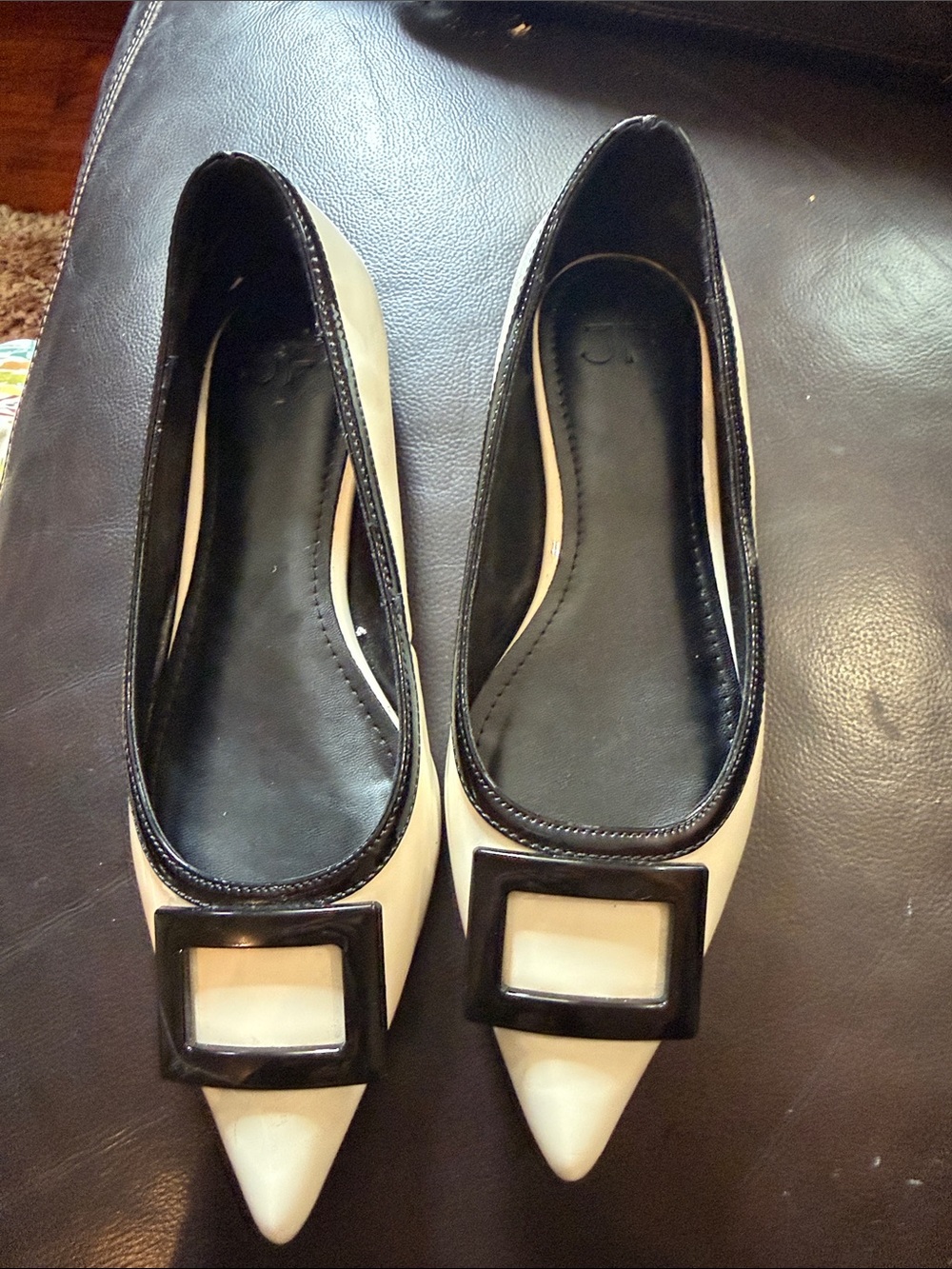 Black & Beige Pointed Toe Ballet Flats with Buckle